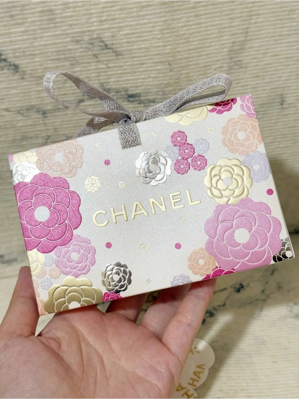 Chanel Beauty Pink Gold Camellia Floral Gift Bag with 2 Chanel Camellia Stickers